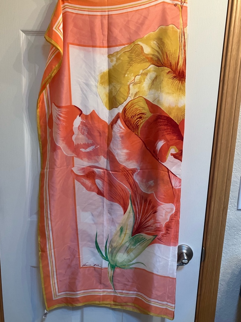 Vintage 80’s Anne Klein Coral, Yellow & Green Floral Large Square Silk Scarf